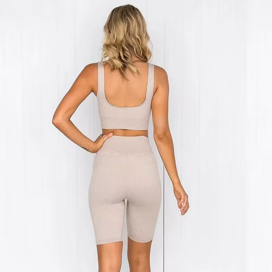 Vendita calda 5 pezzi set sport fitness tute da ginnastica compressione senza soluzione di continuità abbigliamento da palestra per donna, logo personalizzato top da palestra + pantaloncini da yoga + leggings da allenamento abbigliamento attivo